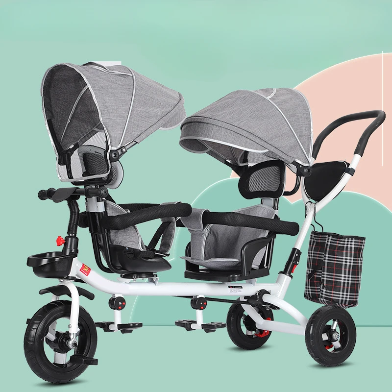 Children's Double Stroller Multifunctional Two-way Baby Stroller Twins Double Folding Three-wheel Car