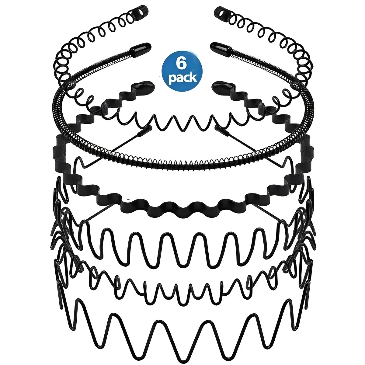 

6PCS Fashion Black Metal Waved Style Sports Hairband Solid Color for Men Women Unisex Hair Band Casual Adult Headwear for Boy