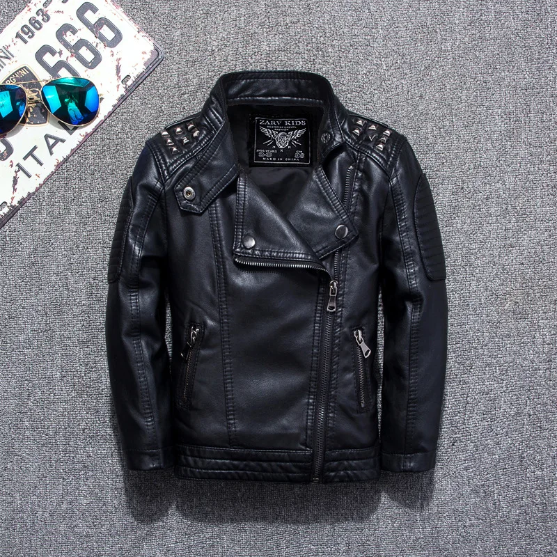 Kids Jackets Winter Children GENUINE PU Leather Jacket Zipper Boy'S Rivets Fashion Kids Spring Jacket Clothes Solid Outerwear Coats 2-16Y