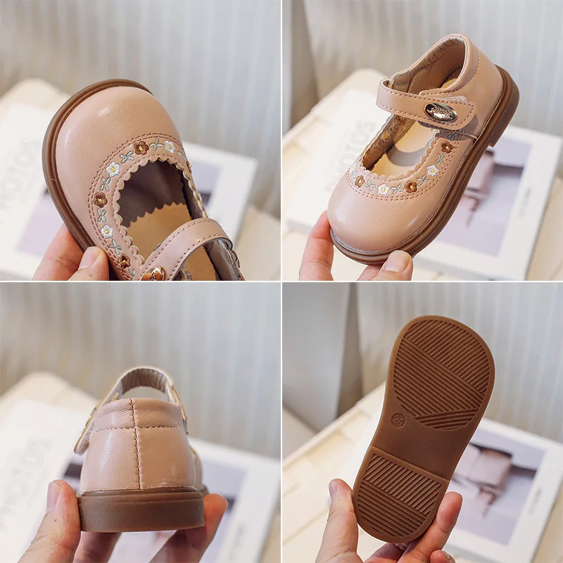 Kids Leather Shoes Fashion Embroidered Flower Girls Flat Shoes for Spring Autumn