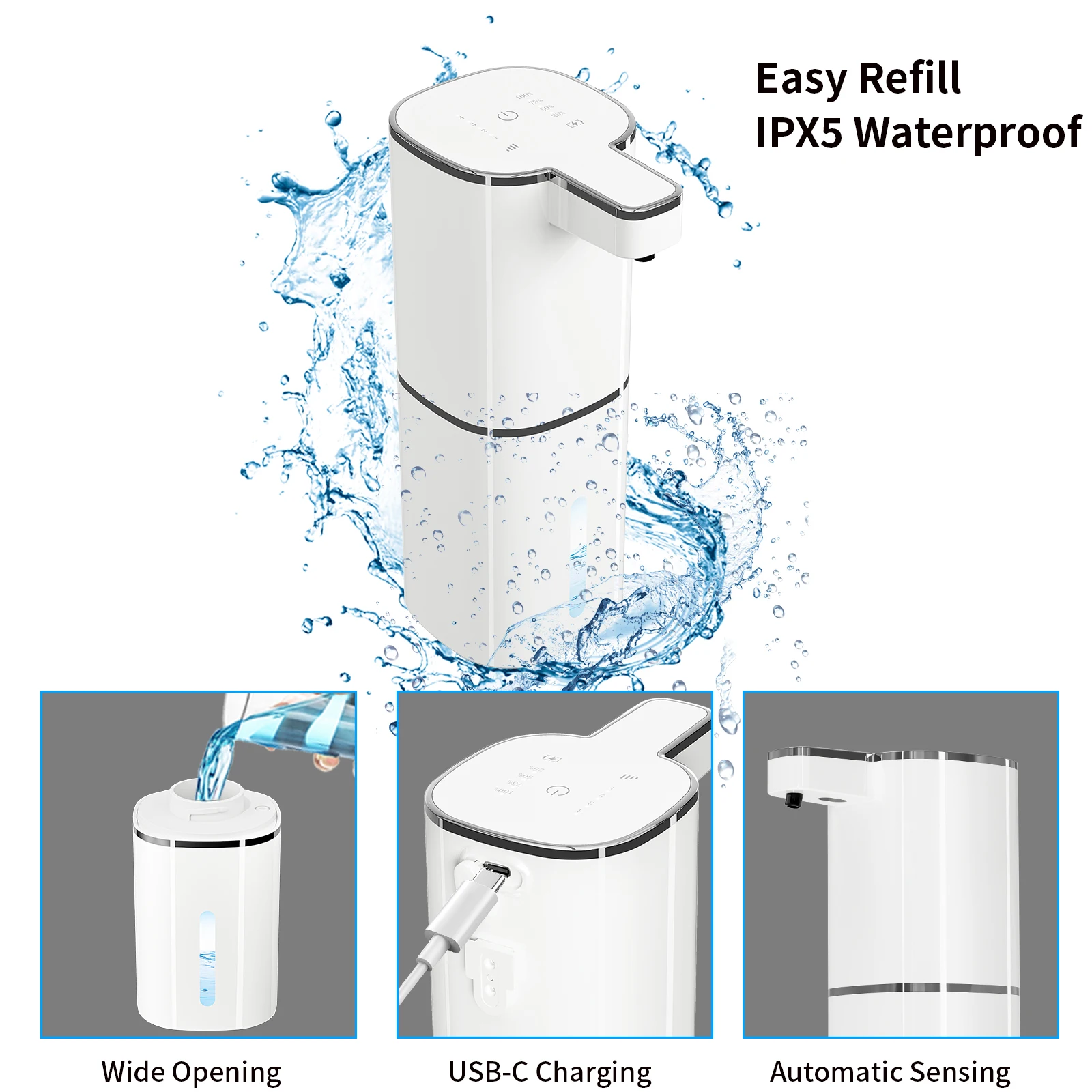 เครื่องจ่ายสบู่อัตโนมัติ 420 มล. แบบไร้สัมผัส ชาร์จผ่าน USB Type C เครื่องจ่ายสบู่ไฟฟ้าแบบกันน้ำ สำหรับสบู่โฟม/น้ำ 1