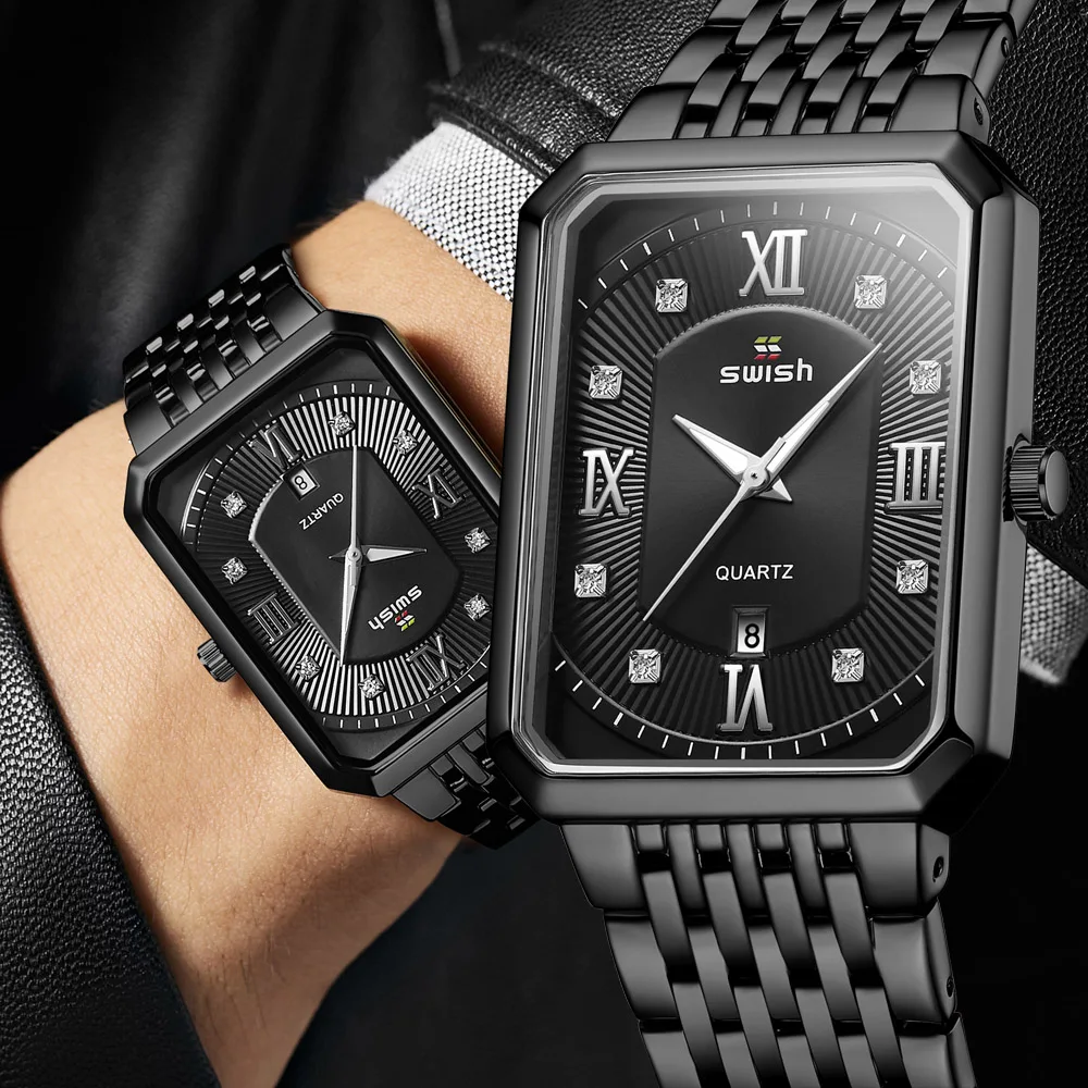 Swish Top Silver Quartz Watch for Man Roman Index Date Rectangle Case Sport Wristwatch Relogio Masculino Waterproof