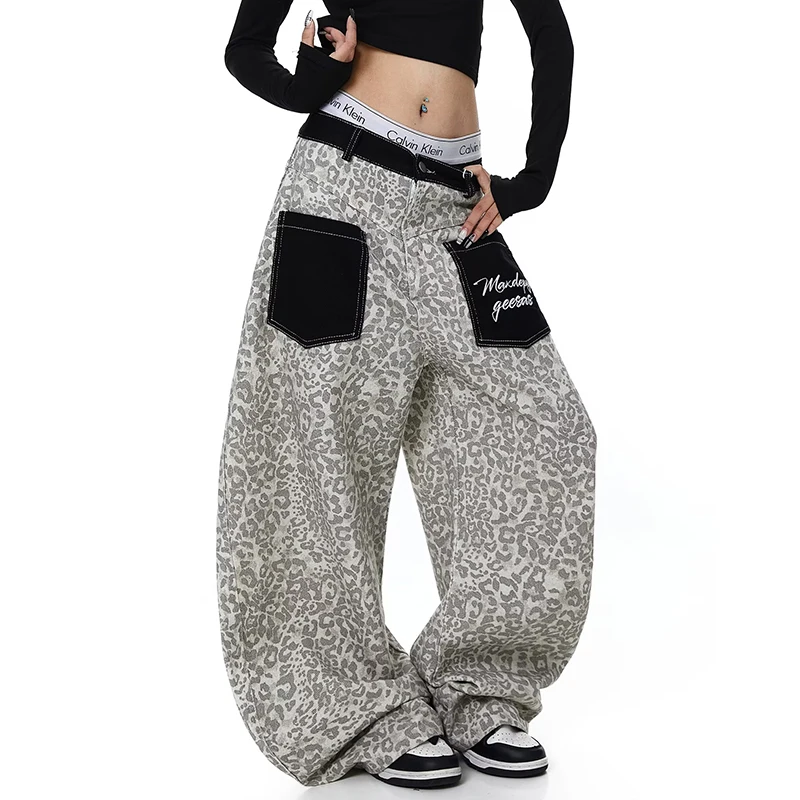  American Design 2026 Spring Summer Leopard Print Denim Pants Women Loose Sexy Slimming Knife Floor-Length Casual Trousers 5