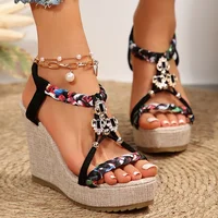 Metal Decoration Wedge Heel Sandals for Women 2025 Summer Chunky Platform Sandals Woman Thick Bottom Printed Bohemian Sandalias - Image 2
