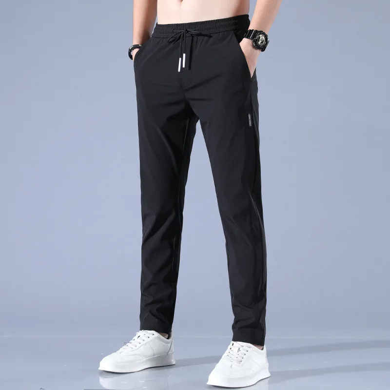 Men's Summer New Youth Fashion Solid Color Loose Drawstring Elastic Waist Spliced Pockets Straight Business Casual Suit Pants