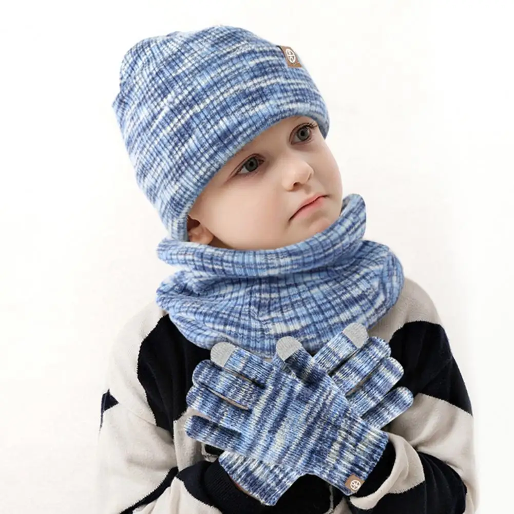 1 Set Children Hat Scarf Gloves Set Thick Knitted Elastic Winter Hat Colorful Cycling Cap Neck Warp Gloves