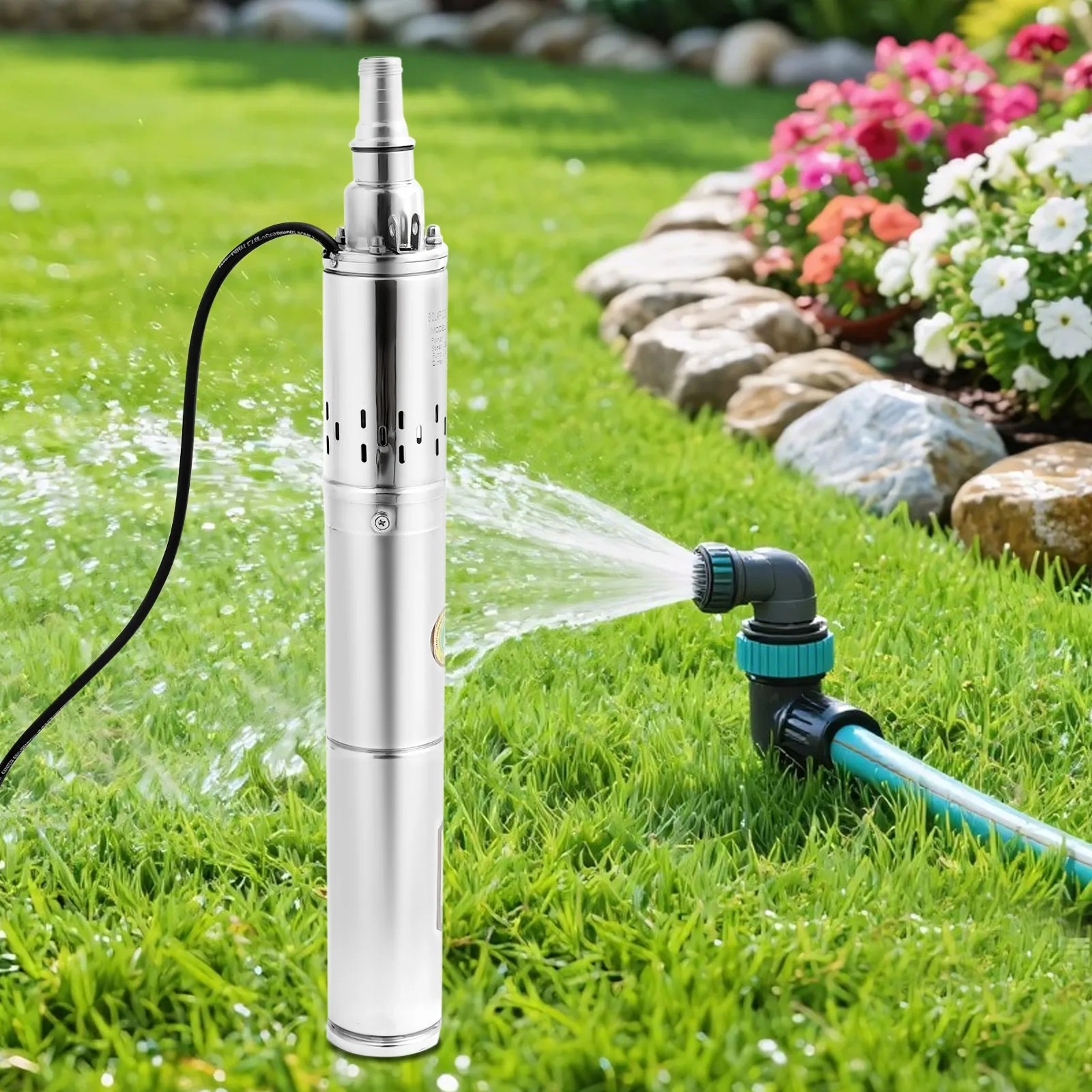 Deep Well Pump DC 24V Solar Powered 0.37KW Stainless Steel Submersible Pump 213ft Head 70ft³/h Flow for Irrigation Water Supply