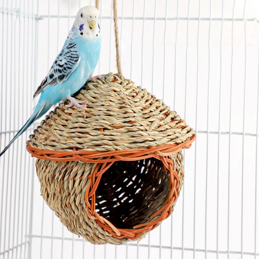 Bird Nest Hand-Woven Grass House For Small Parrot Canary Lovebird Parakeet Hatching Birds Hut Outdoor Hanging Chickadee House For Bird House Bird Nest Outdoor Bird Breeding Loft