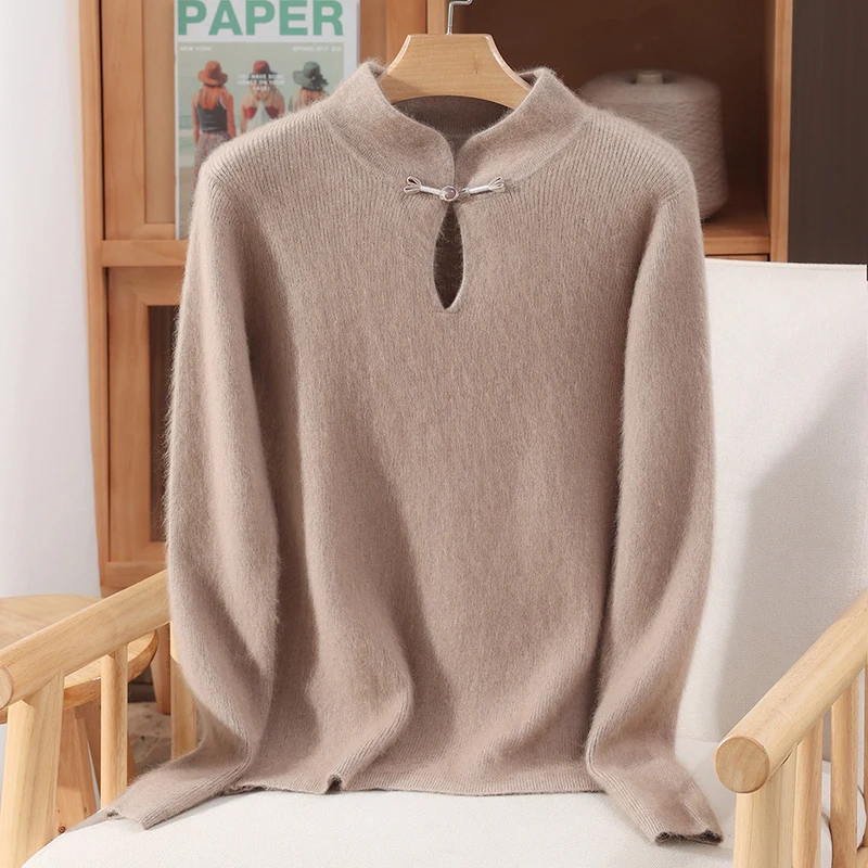 Autumn Winter Women Chinese Style Buttoned Sweater Pullover Simple Basic Casual Soft Warm Bottom Clothing 100% Mink Cashmere