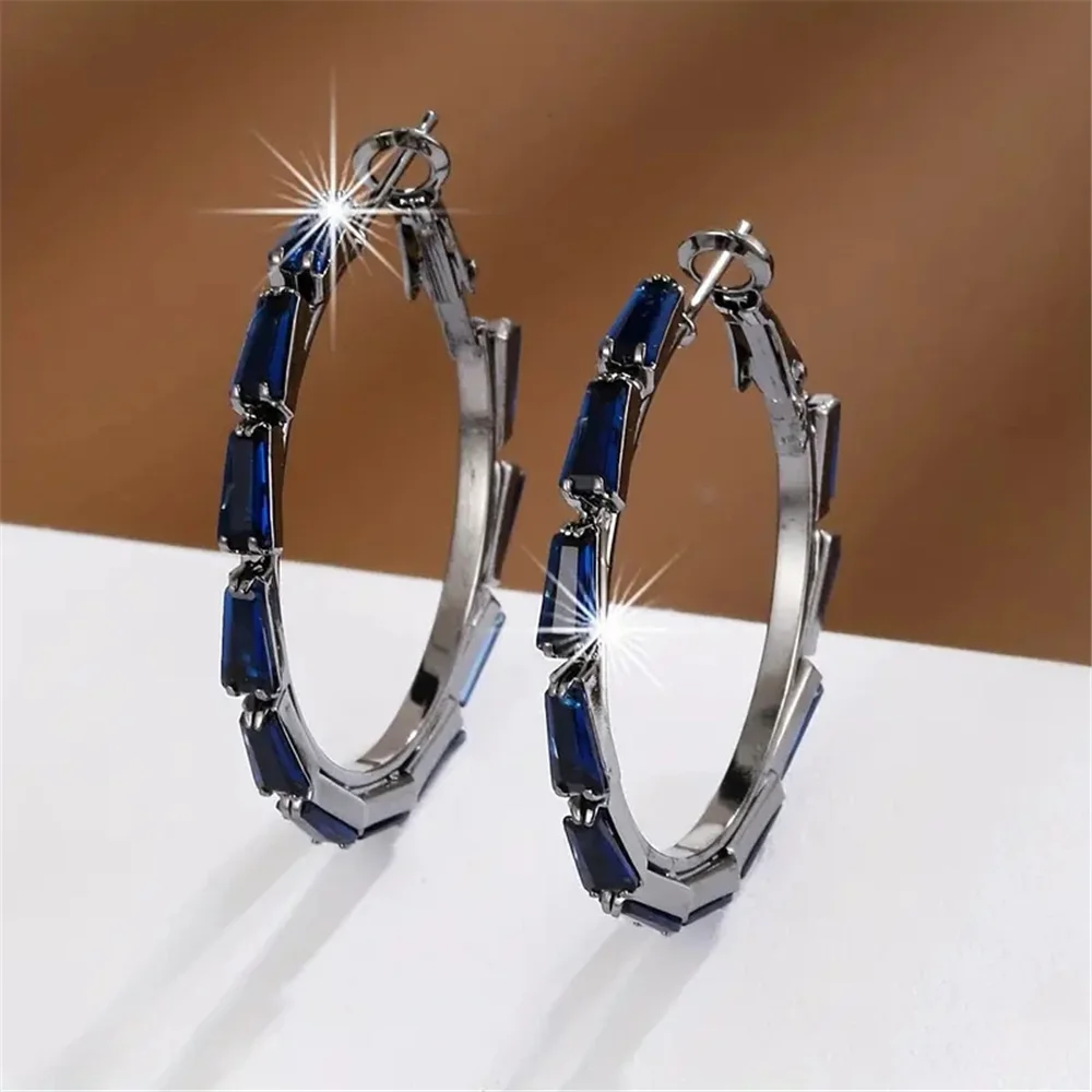 Trendy Crystal Blue Zircon Stone Hoop Earrings For Women Vintage Gold Color Wedding Jewelry
