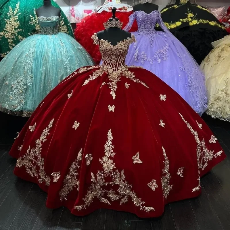 green emerald velvet dress Mini Quince Dress Rojo Con Oro main image 1