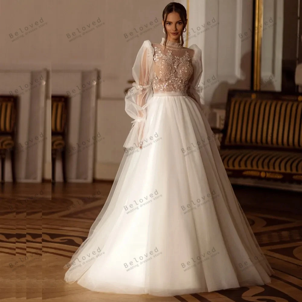 

Graceful Wedding Dresses A-Line Illusion Bridal Gowns Lace Appliques Long Puff Sleeves Floor Length Robes 2024 Vestidos De Novia