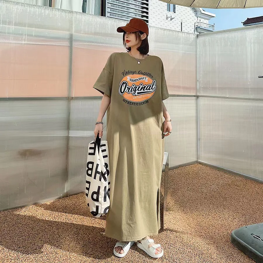 

Summer Women Midi Dresses Oversized Loose Short Sleeve Long Dress Round Neck Korean Style Casual Fashion Female Clothing Hot