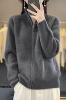 New Chic Women 100% Merino Wool Sweater Cardigan Autumn Winter Zipper Soft Knitwear Long Sleeve Wool Sweater Female Jacket Tops