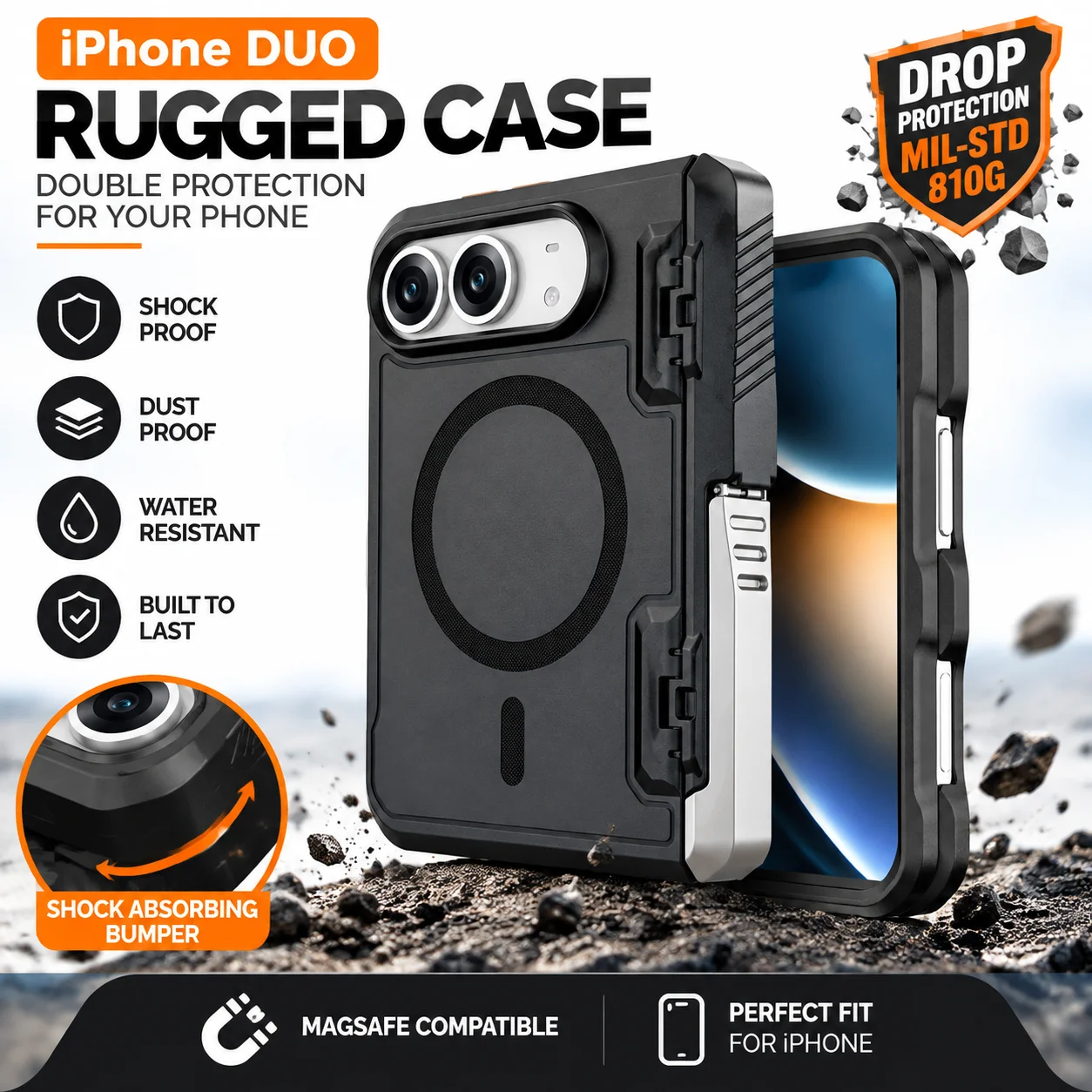 Dual Layer Shockproof iPhone Case with Stand – Rugged Protective Bumper Cover