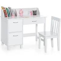 Kids Desk and Chair Set, Children Wooden School Learning Table w/Drawer & Storage Cabinets, Student Writing Computer Workstation 1