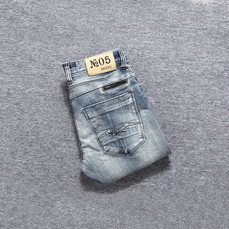 Fashion Designer Men Jeans Retro Gray Blue Slim Fit Stretch Ripped Jeans Men Patchwork Vintage Elastic Casual Denim Pants Hombre