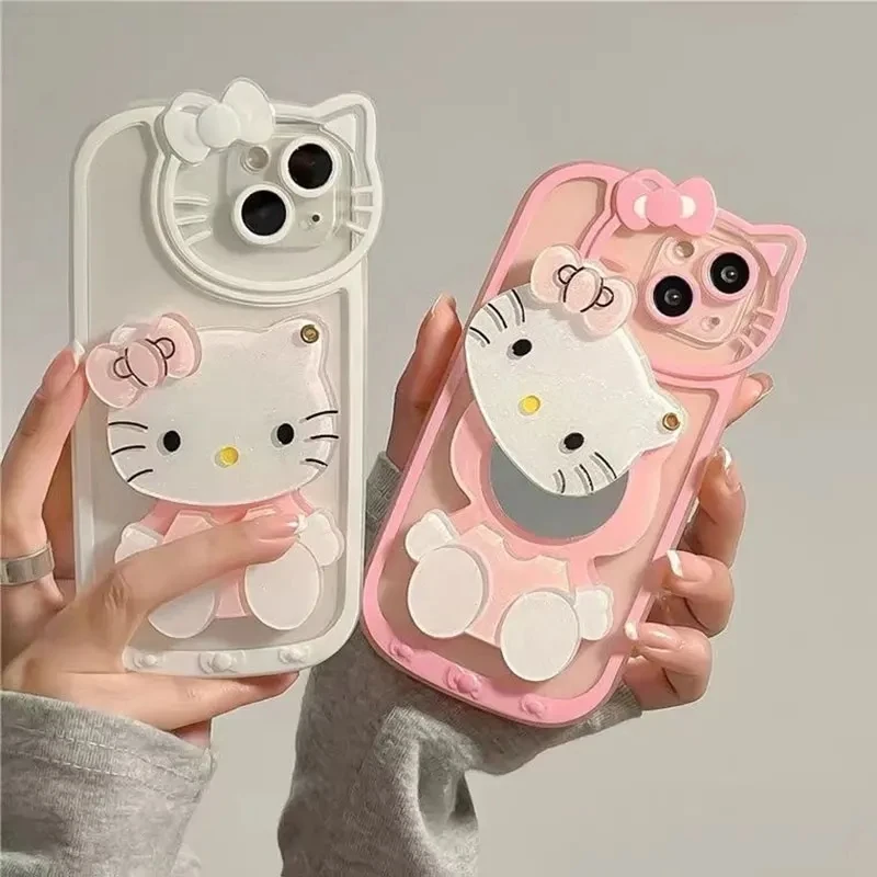 Sanrio Hello Kitty Kawaii KT Head Mirror Phone Case For iPhone 15 14 13 Pro Max 11 12 13 Pro XR XS MAX 7 8 Plus Girl Y2K Cover