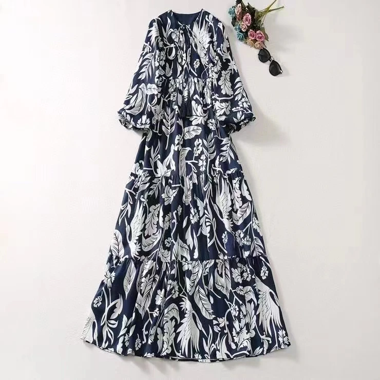 

European and American women's clothing 2023 autumn new Lantern sleeve seven-quarter sleeve print Round neck pleated dress XXL