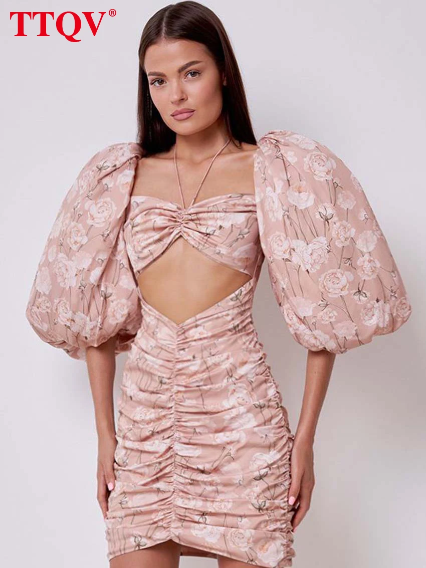 

TTQV Elegant Pink Print Womens Dresses Fashion Puff Sleeve Hollow Out Female Dresses Casual New Ruched Mini Dresses Streetwear