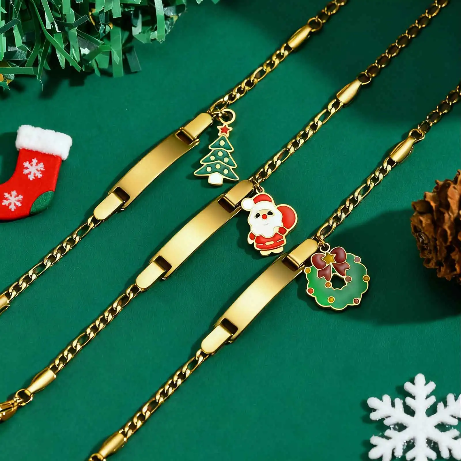 Weihnachtsbaum Weihnachtsmann Anhänger Gravieren ID Name Individuelles Armband für Mädchen Personalisierter Edelstahl Schmuck Festival Geschenk – Detail 8