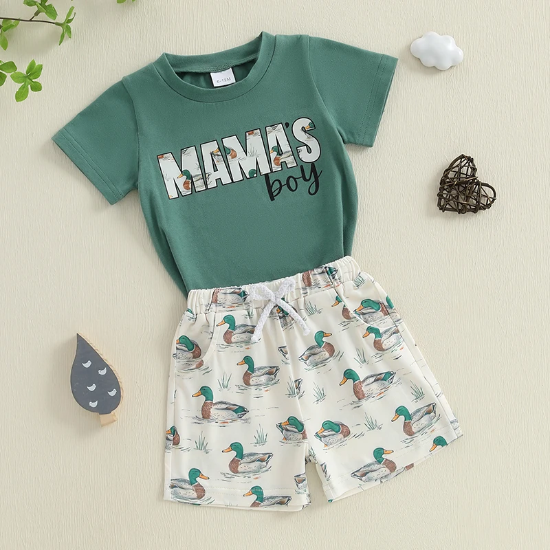 6M-4Y Toddler Boys Summer Shorts Sets Short Sleeve O Neck Letter Print Tops and Duck Print Shorts Sets boys shorts set