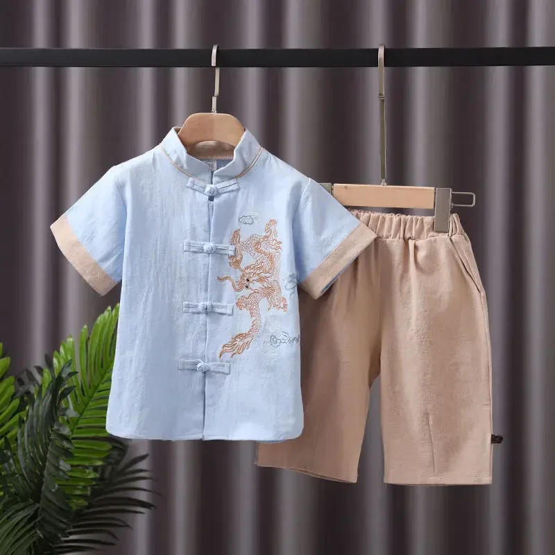 Summer Chinese Cotton Linen Boys Baby Tang Suit Delicate Embroidery Stand Collar Short Sleeve 17 Styles Chinese New Year Clothes