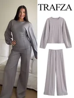 TRAFZA Femmes Nouvelle Mode Minceur 2-Pièce Ensemble Double-Face Tissu Tour Cou Manches Longues Haut + Élégant Stretch Casual Long Pantalon 1