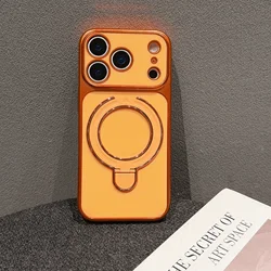 Luxury Plated Magnetic Kickstand Minimalist Solid Color Phone Case - iPhone 15 (Orange)