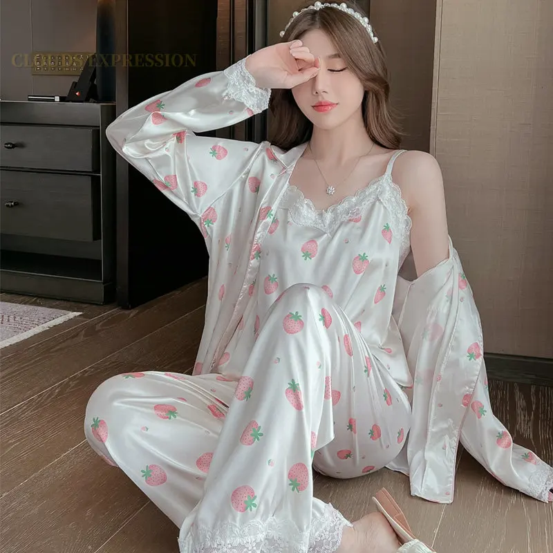 Spring 3PCS Sets Ladies Faux Silk Polyester Lapel Nightwear Sexy Women's  Pajama Sets Homewear Luxury Pajamas Female Sleepwear