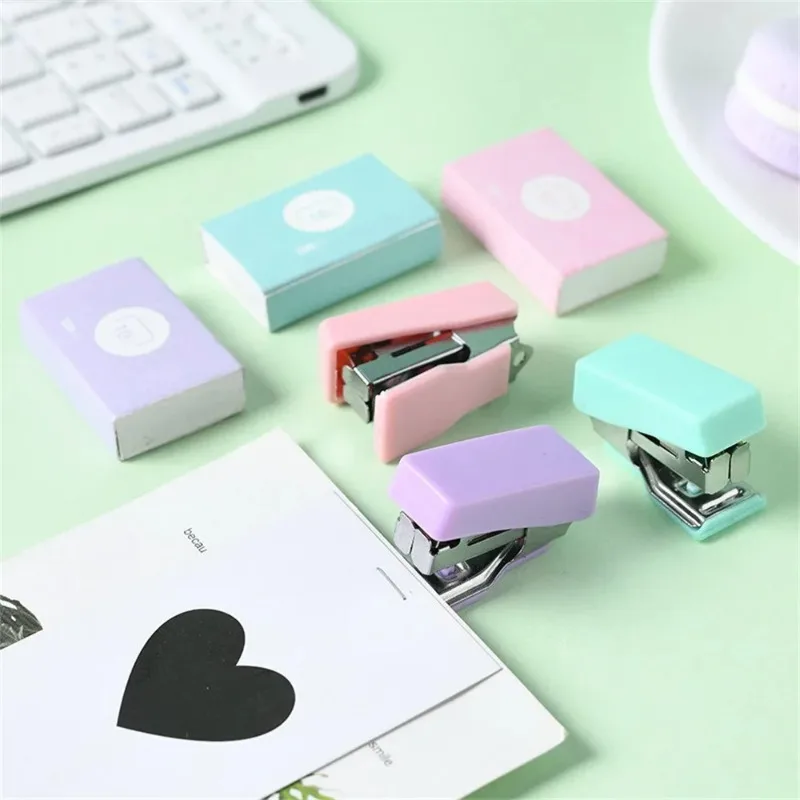 

New Cute Mini Stapler Morandi Color Metal Stapler Set with 500pcs 10# Staples Tools Cute Stationery School Office Supplies