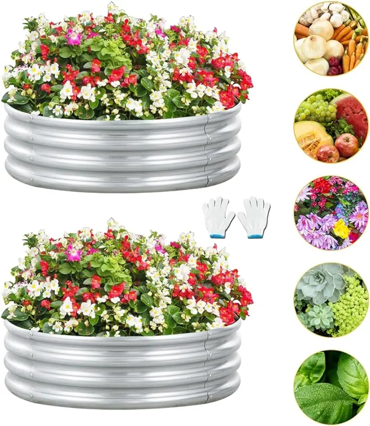 

2 Pcs Round Galvanized Steel Raised Garden Bed Kit Outdoor Metal Planter Boxes with Safety Edging Above Ground Patio Flower Beds