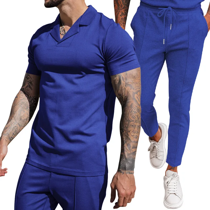 2024 Foreign Trade Summer New Waffle V-neck Casual Polo Collar Men's Short Sleeved Long Pants Set Men's Clothing 3