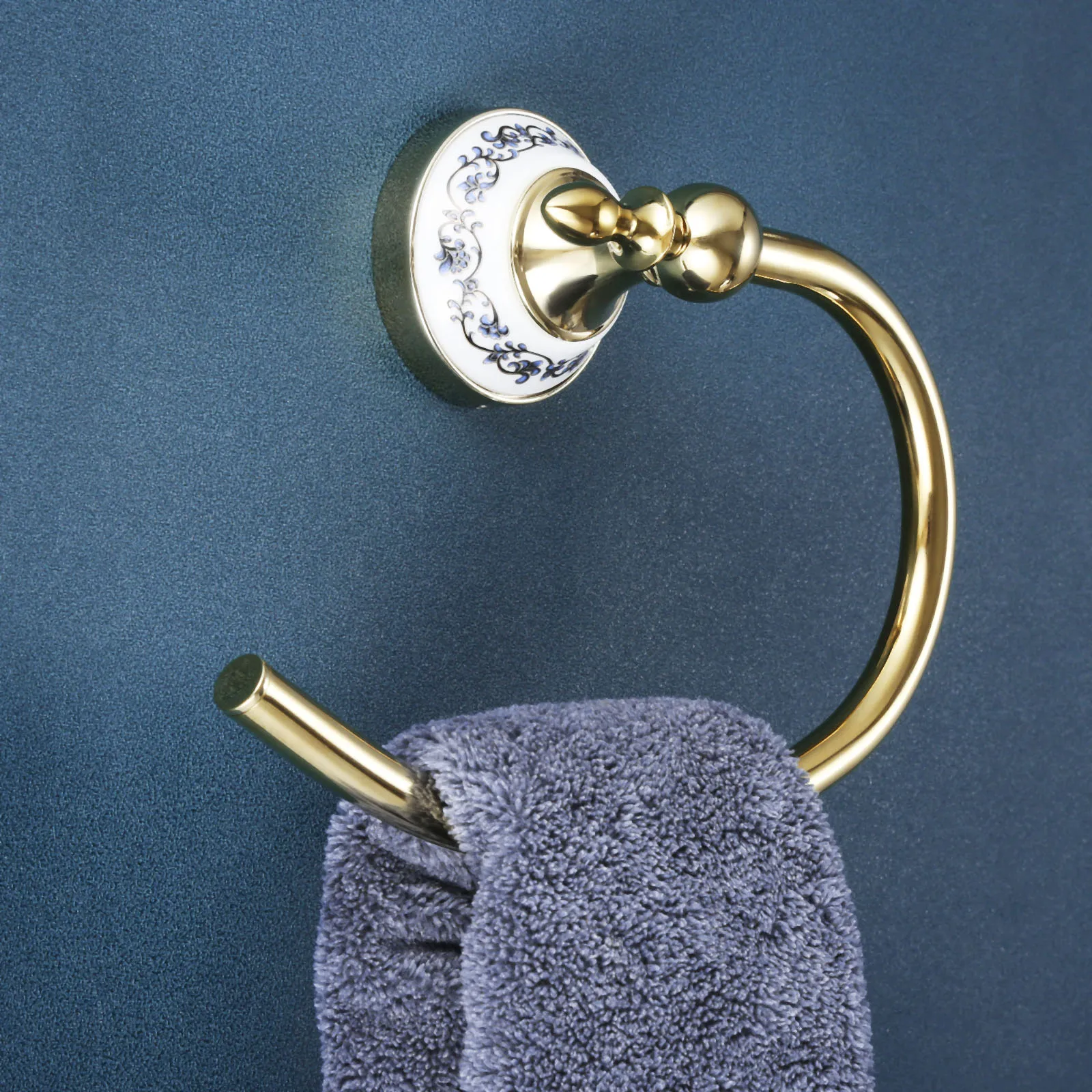 Towel Ring Hook Hand Holder Wall Mounted Rack Golden Blue&White Porcelain Stainless Steel Old European Palace Style Decor Home