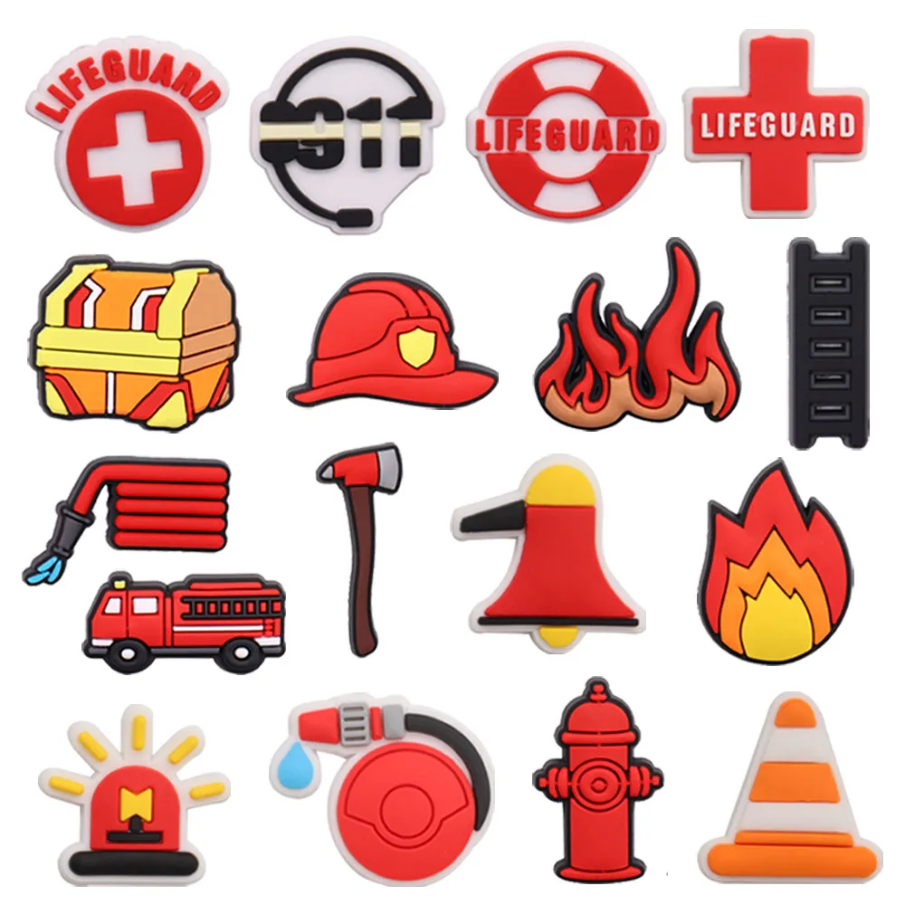 

1-17PCS Kawaii Life Guard Water Gun Fire Control PVC Shoe Charms Buckle Clog Fit Wristbands Accessories Sandals Shoes Decoration