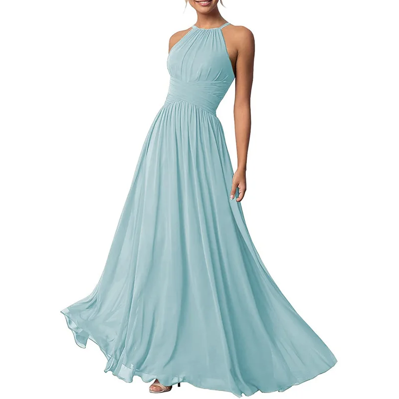 

Sky Blue Chiffon Long Party Dress for Wedding A-Line O-neck Sleeveless with Pleated Top vestido madrinha de casamento longo