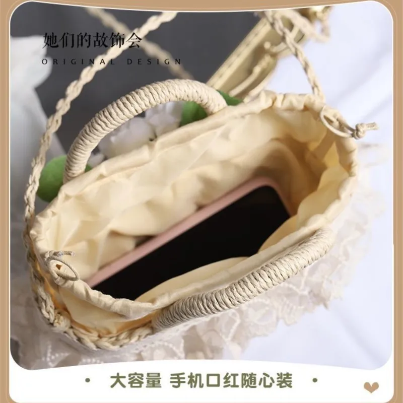 JIAERDI Fairycore Flower Woven Bag Women 2025 New Vacation Sea Lolita Straw Bags Female Travel Hollow Out Beach Bag Aesthetic