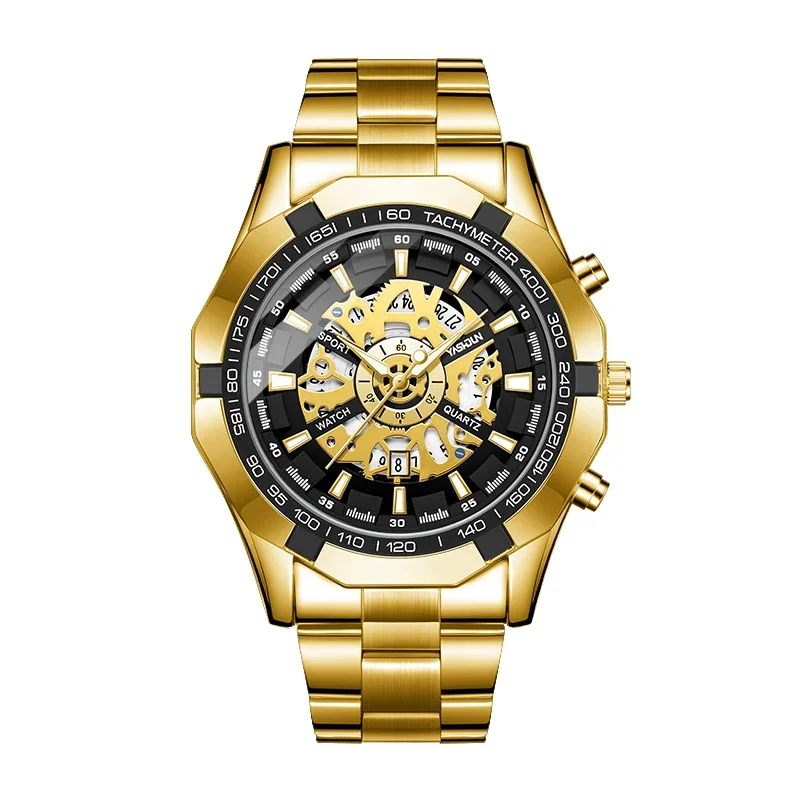 Luxury Men's Stainless Steel Waterproof Quartz Watch with Skeleton Design