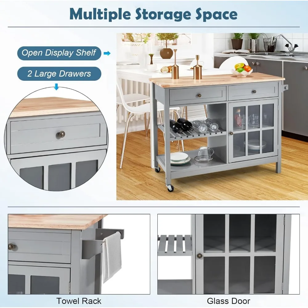 42" Kitchen Island Cart on Wheels, Rolling Storage Cabinet Station with Solid Wood Top, 2 Drawers, Towel Rack, Open Display Shel 6