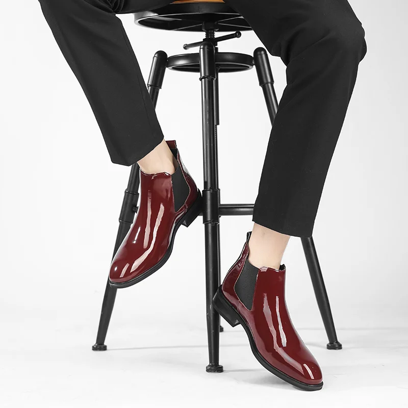 Chelsea Boots for Men Patent Leather Black Buckle Ankle Round Toe Business Classic Handmade Men Short Boots Botas De Hombre
