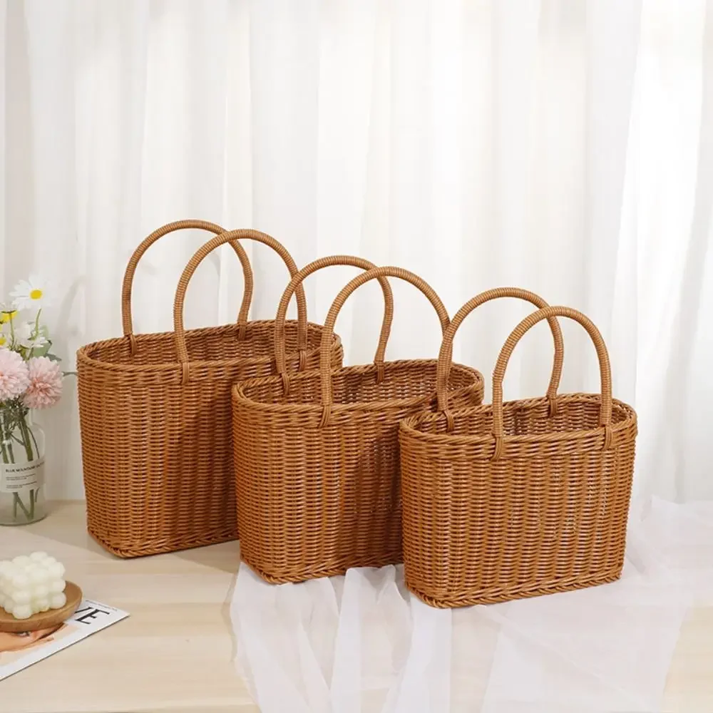 Home Storage Organizer Rattan Woven Basket With Handle Portable Picnic Basket Handwoven Rectangular Flower Basket Fruit 4