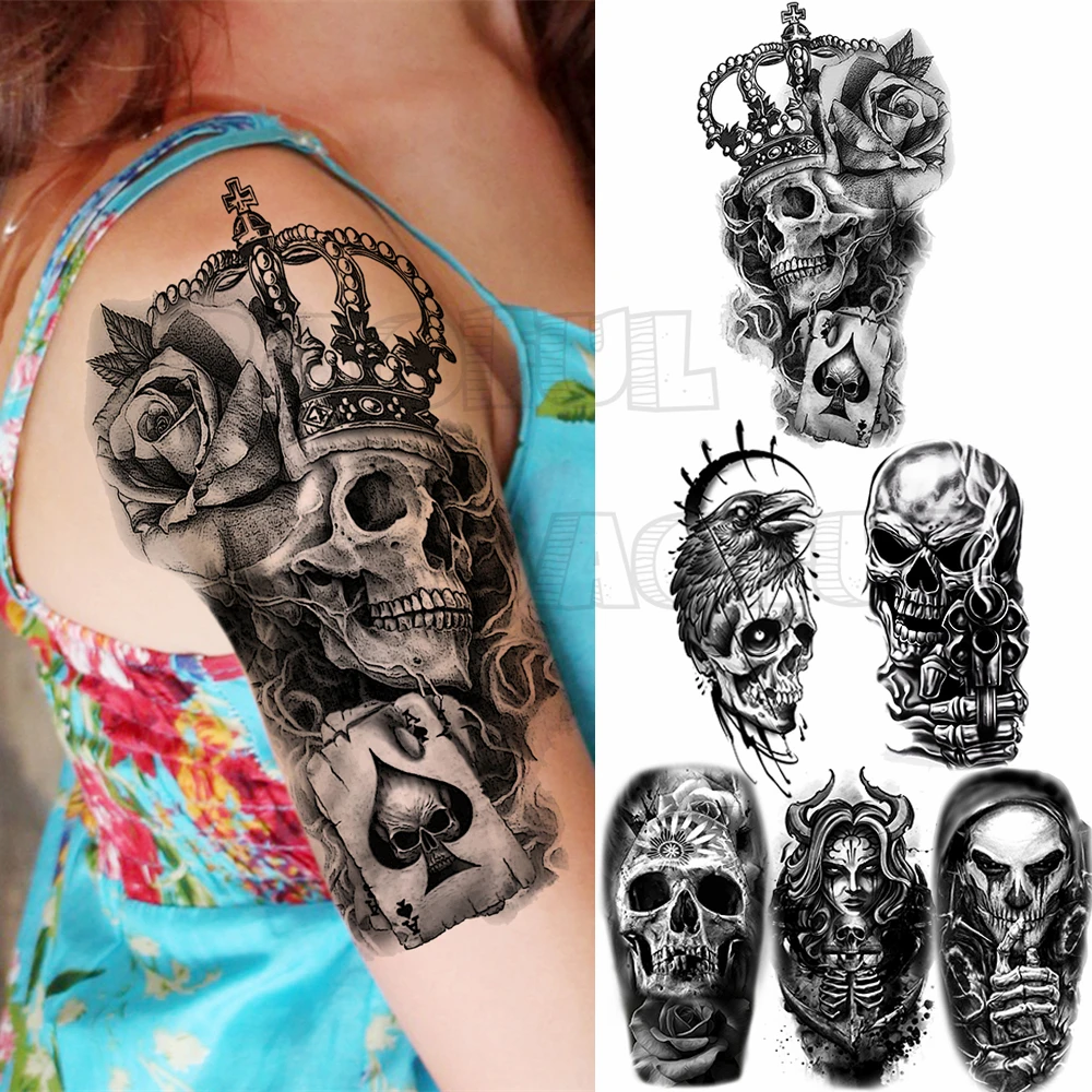 

Реалистичные временные татуировки в виде черепа, короны для женщин и мужчин, искусственные цветы, демон, Орл, тату-наклейки, уникальные руки, водонепроницаемые 3D татуировки