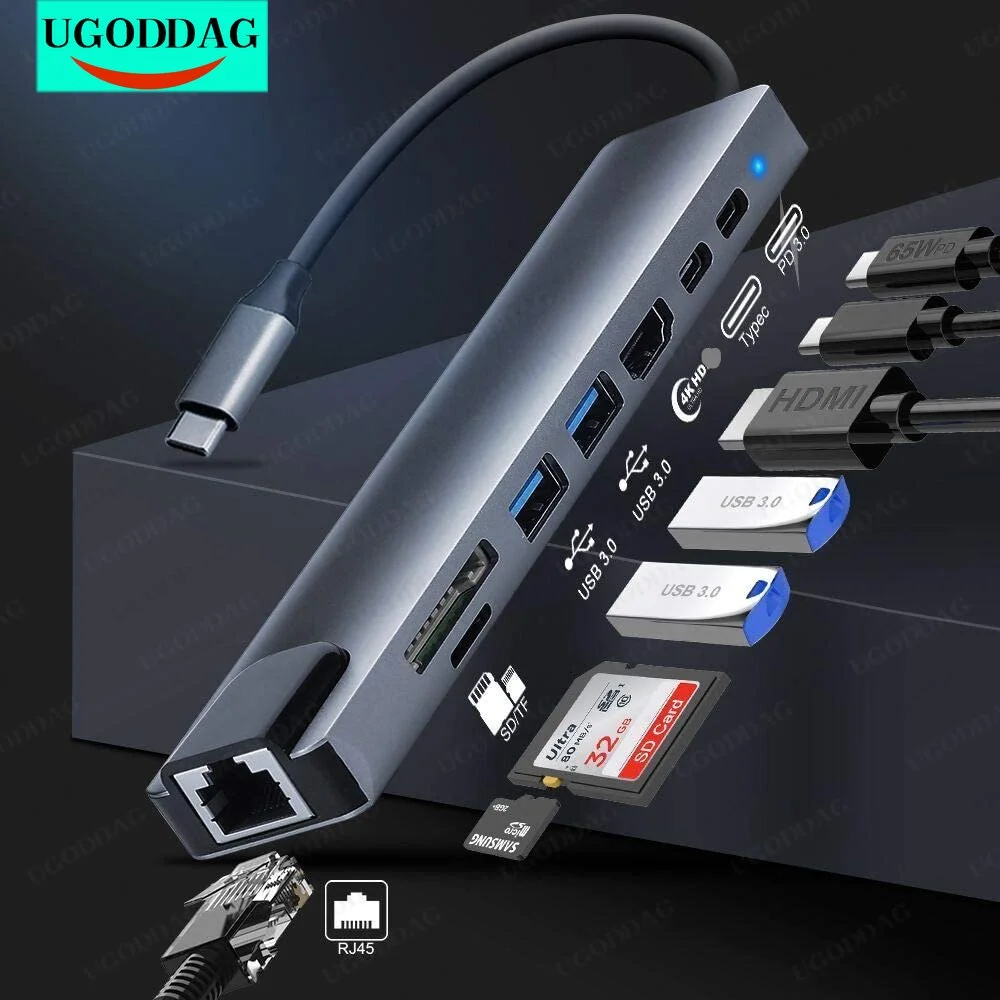 

Док-станция 8 в 1, USB C разветвитель типа C, адаптер с PD зарядкой, RJ45 Ethernet, 4K, HDMI, совместимая с TF/SD картой для Macbook Air