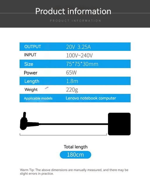 20V 3.25A 65W Laptop Ac Adapter Charger for Lenovo