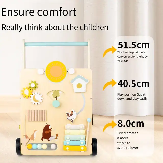 Wooden Baby Walker Push Toy Learning Walking Assistant First Steps Helper with Activity Blocks Natural Wood Toddler Walking 2