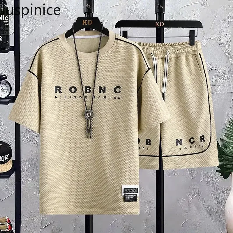 Summer Ice Silk Short-sleeved T-shirt Five-quarter Pants Suit Men's Loose Thin Casual Top Shorts Sports Set Male Clothes 2