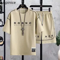 Summer Ice Silk Short-sleeved T-shirt Five-quarter Pants Suit Men's Loose Thin Casual Top Shorts Sports Set Male Clothes 2