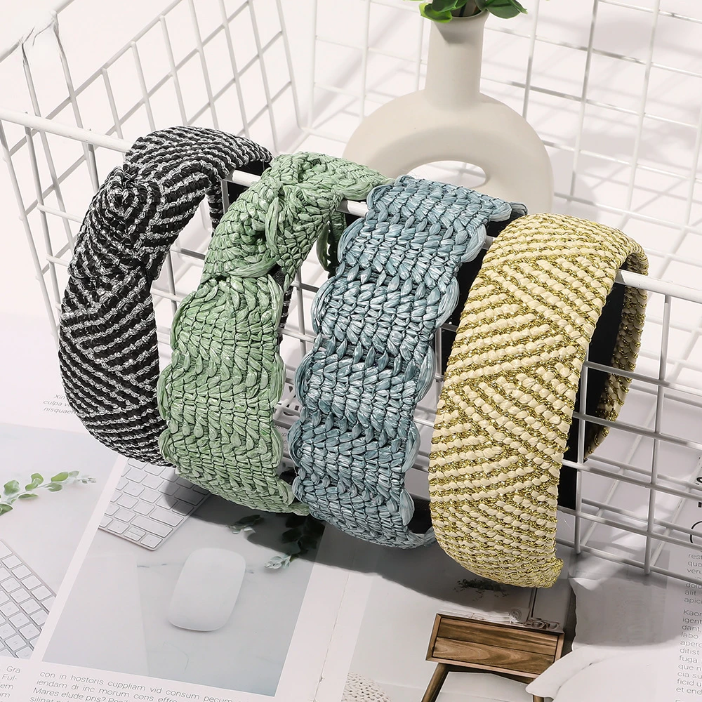 

Fashion Women Hairband Straw Weaving Knotted Headband Bohemian Wide Cross Knot Hair Bands Hoop Bezel Handmade Hair Accessories