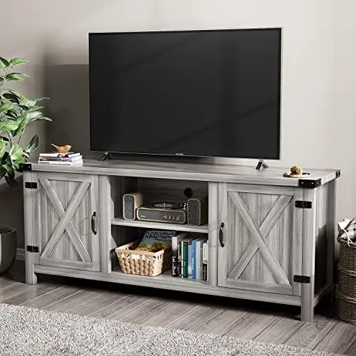 

Modern Farmhouse TV Stand with Two Barn Doors and Storage Cabinets for Televisions up to 65+ Inch, Entertainment Center Console