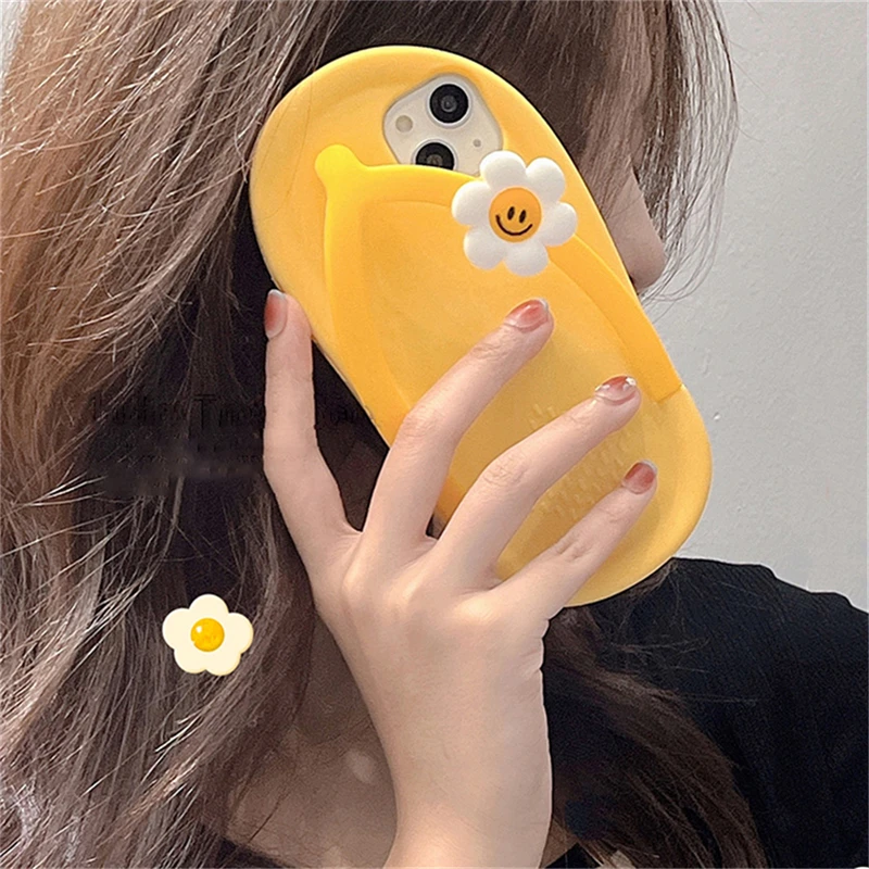Ins Cute Sun Flower Cartoon 3D Flip-flops Phone Case For iPhone 13 12 11 Pro XS Max X XR 7 8 Plus Silicone Protective Soft Cover apple iphone 13 case